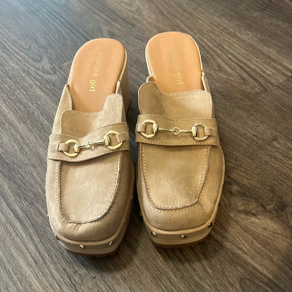 Madden Girl, Wedge slide heel, tan, suede, gently worn!